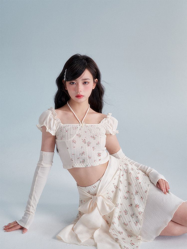 Glove Flower Cropped Fit Frill Ribbon asymmetry Tops &amp; Skirt