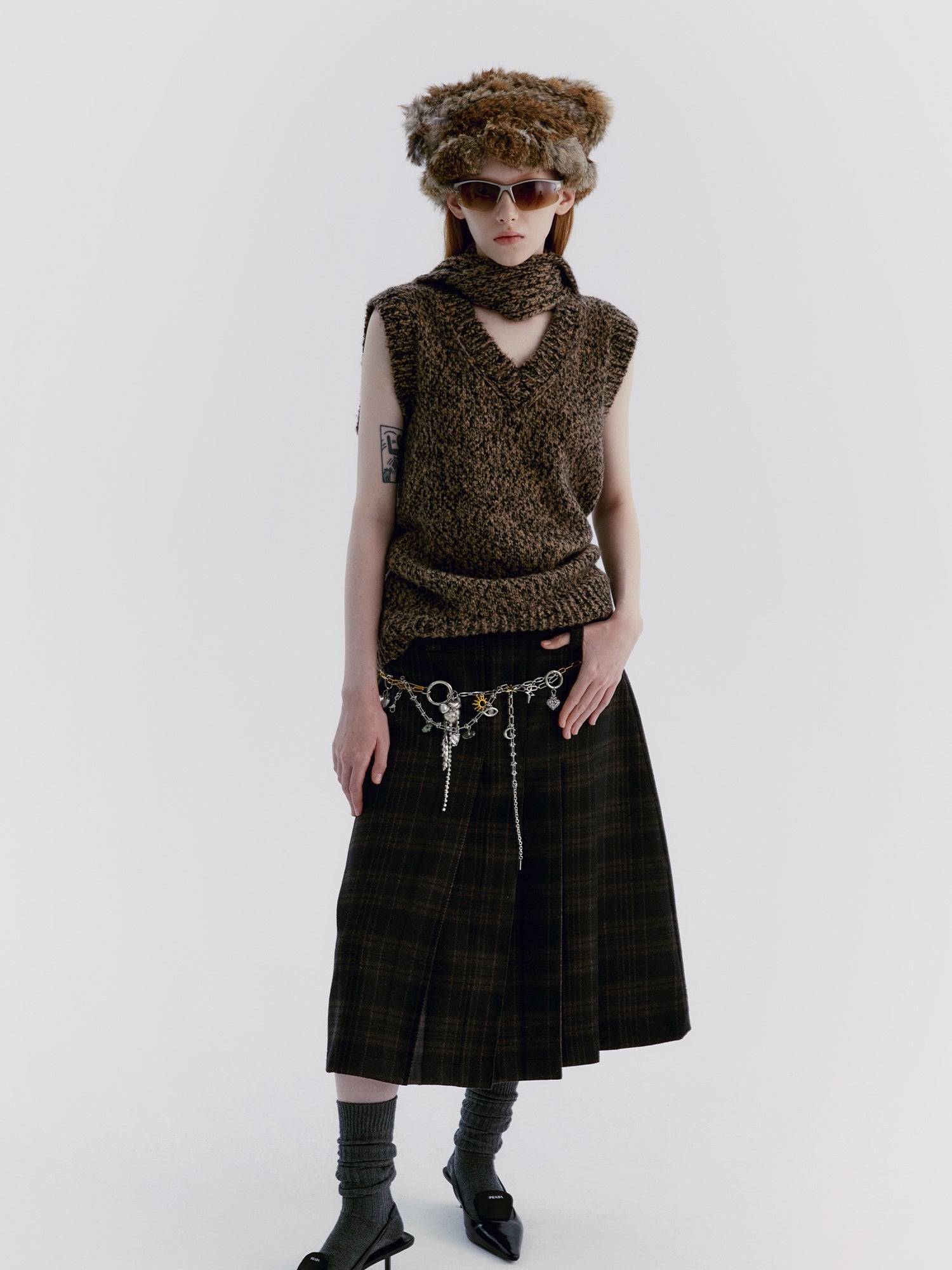 Asymmetry Wool Checked Long-Skirt