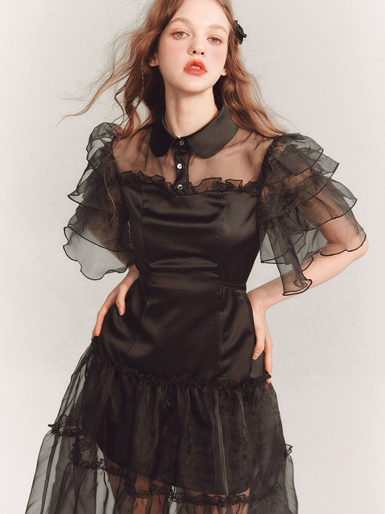 See-Through Tiered Flare-Sleeve Frill Dress One-Piece