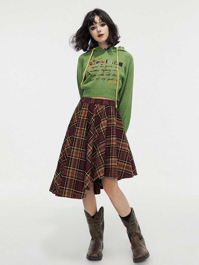 Asymmetry Checked Retro Belt Girly Flare-Skirt