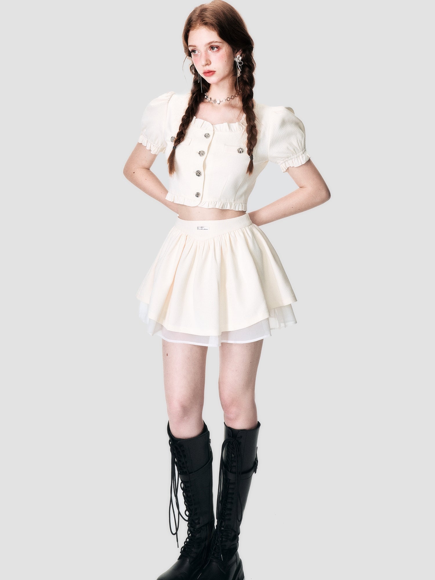 Puff-Sleeve Tiered Frill Lace Ciffon Blouse&amp;Mini-Skirt