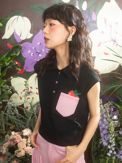 Sleeveless Pocket Strawberry Tops