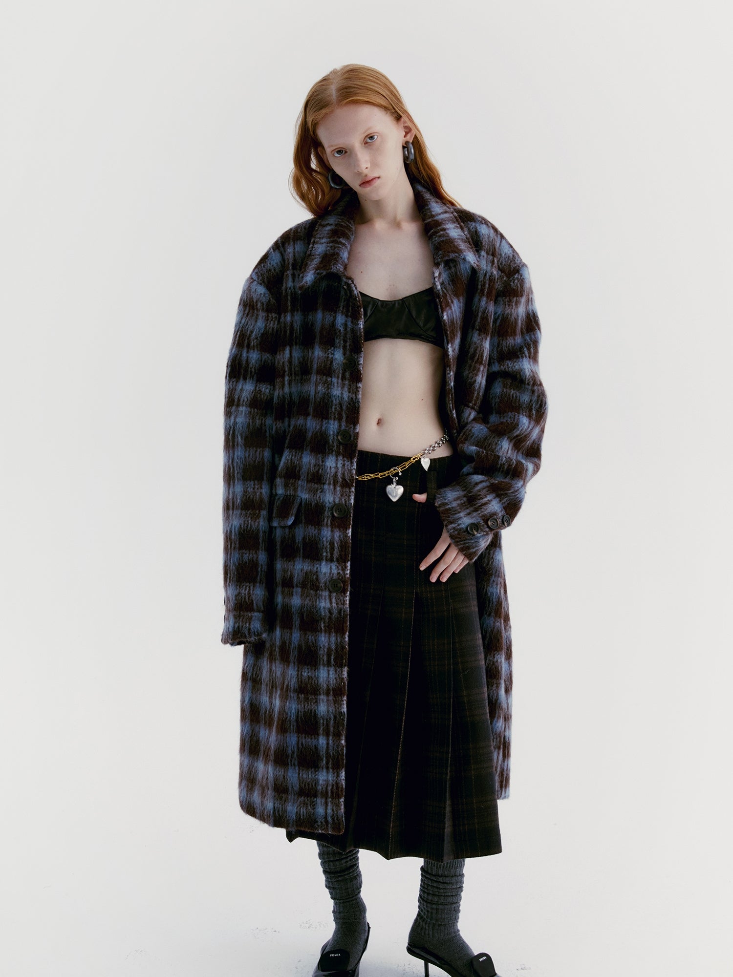 Asymmetry Wool Checked Long-Skirt