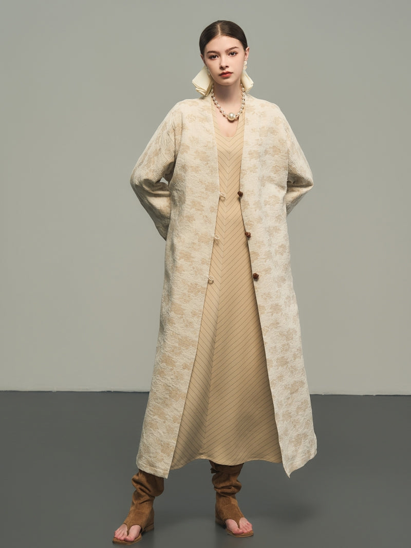 Flower Embroidery Long No-Collar Cotton Long-Coat
