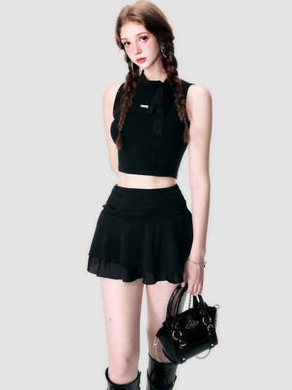 Tight Sleeveless Ribbon Plain Tops&amp;Mini-Skirt