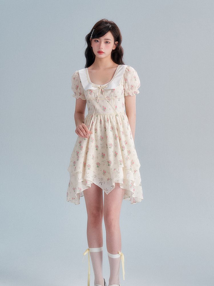 Flower Puff-sleeve Asymemtry Retro One-piece