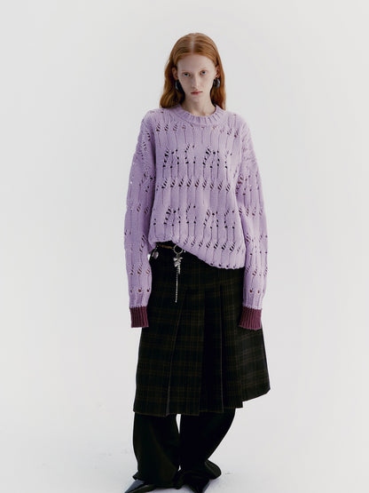 Asymmetry Wool Checked Long-Skirt