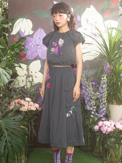 Embroidery Flower Retro Balloon Crumply Blouse＆Skirt