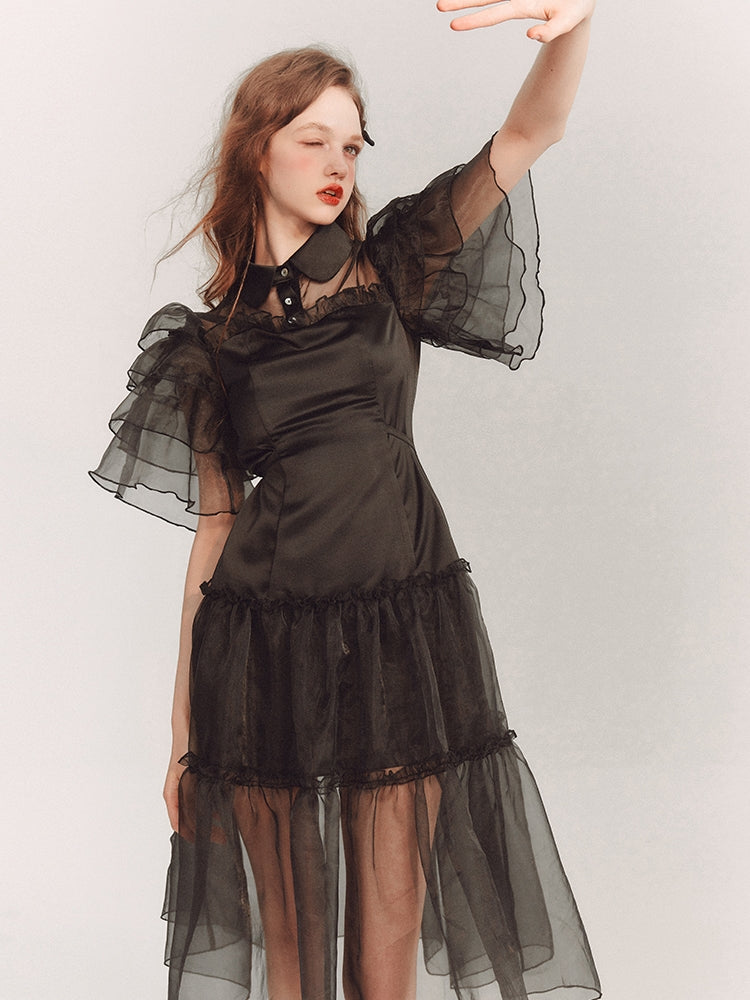 See-Through Tiererd Flare-Sleeve Frill Dress One-Piece