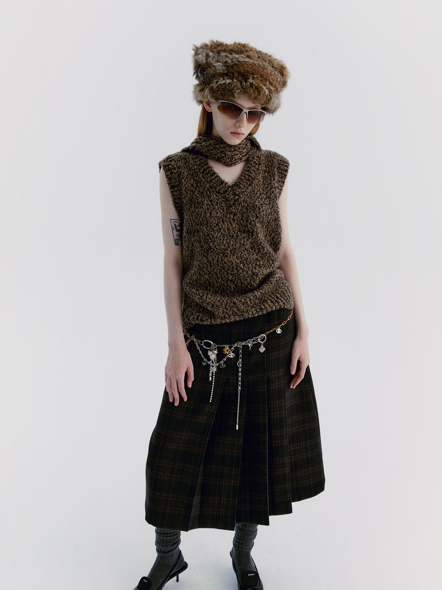 Asymmetry Wool Checked Long-Skirt