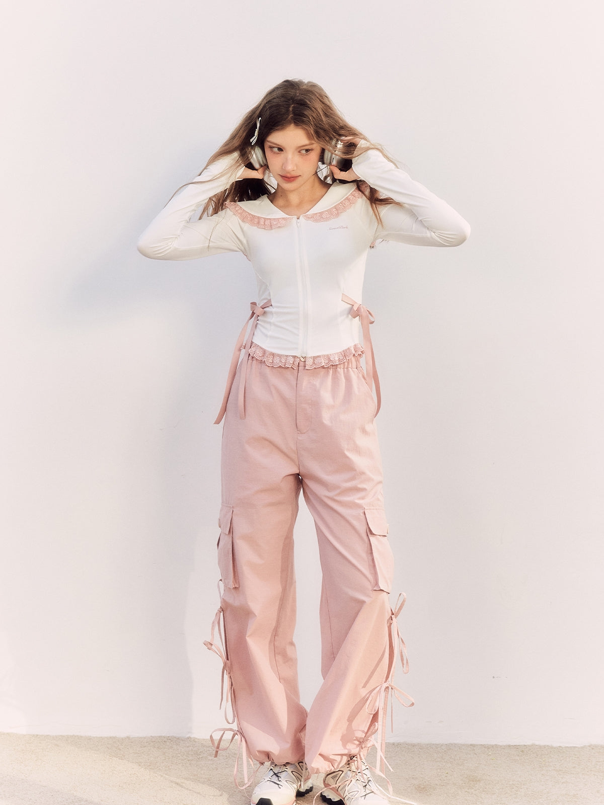 Lace-Collar Ribbon Sweet Casual Cutsew&amp;Pants