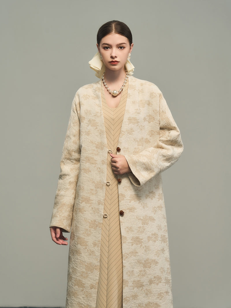 Flower Embroidery Long No-Collar Cotton Long-Coat