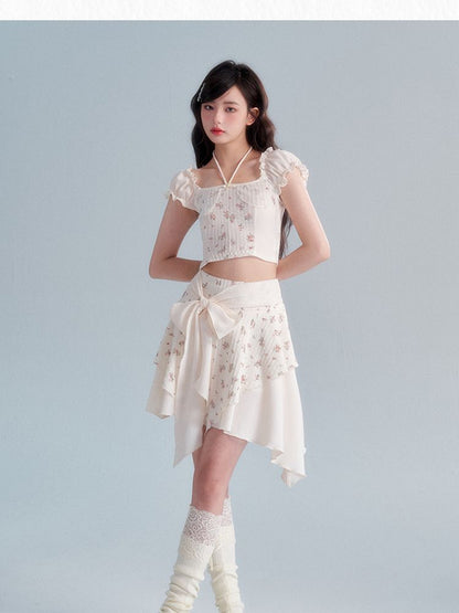 Glove Flower Cropped Fit Frill Ribbon asymmetry Tops &amp; Skirt