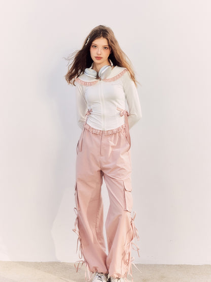 Lace-Collar Ribbon Sweet Casual Cutsew&amp;Pants