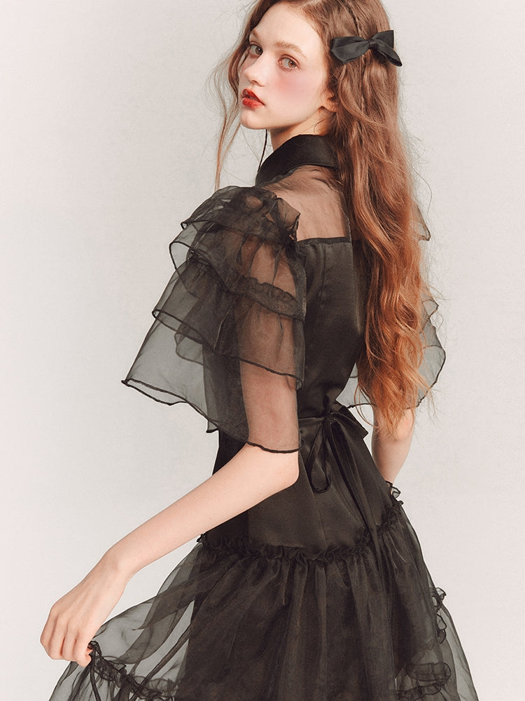 See-Through Tiered Flare-Sleeve Frill Dress One-Piece