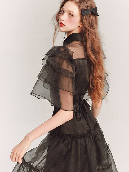 See-Through Tiererd Flare-Sleeve Frill Dress One-Piece