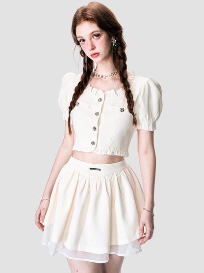 Puff-Sleeve Tiered Frill Lace Ciffon Blouse&amp;Mini-Skirt