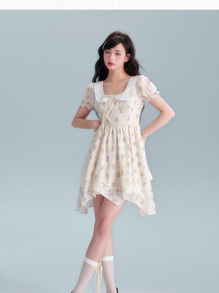 Flower Puff-sleeve Asymemtry Retro One-piece