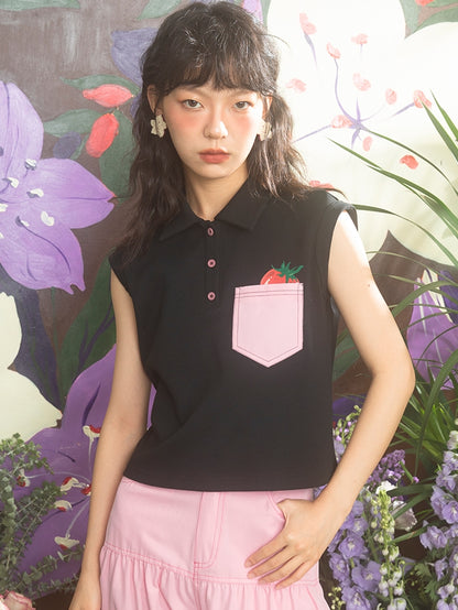 Sleeveless Pocket Strawberry Tops