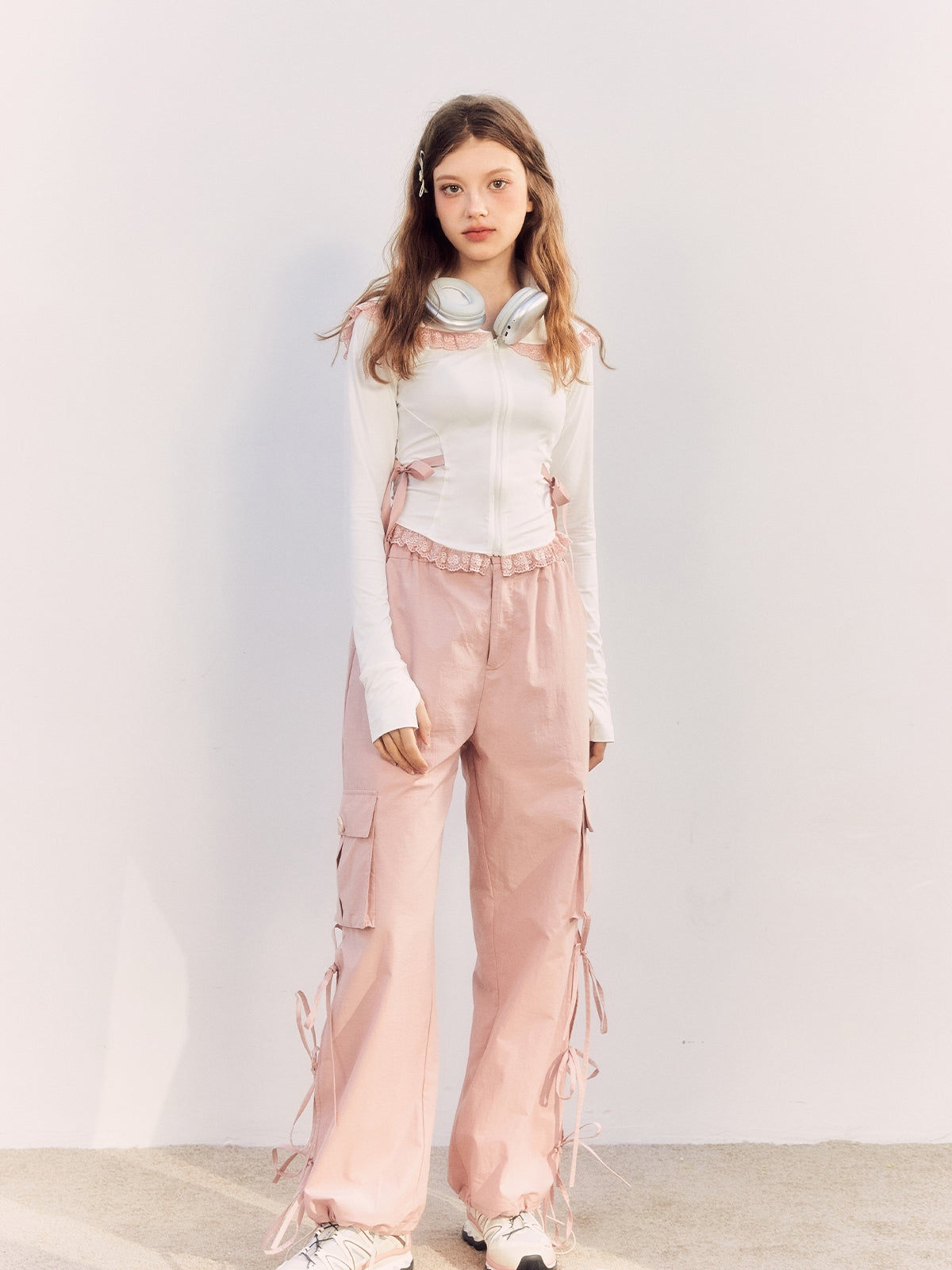 Lace-Collar Ribbon Sweet Casual Cutsew&amp;Pants