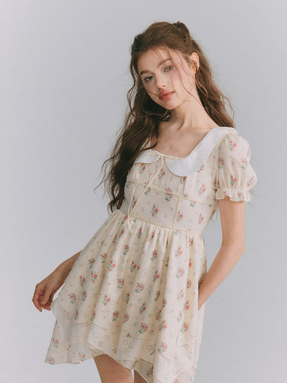 Flower Puff-sleeve Asymemtry Retro One-piece