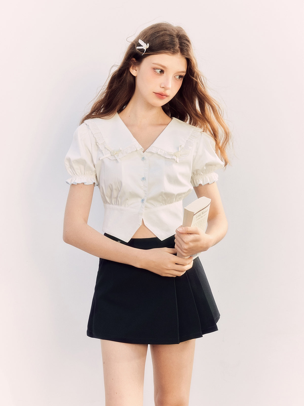 Fril Sailorl-Collar Puss-Sleeve Cute Blosue&amp;Culottes