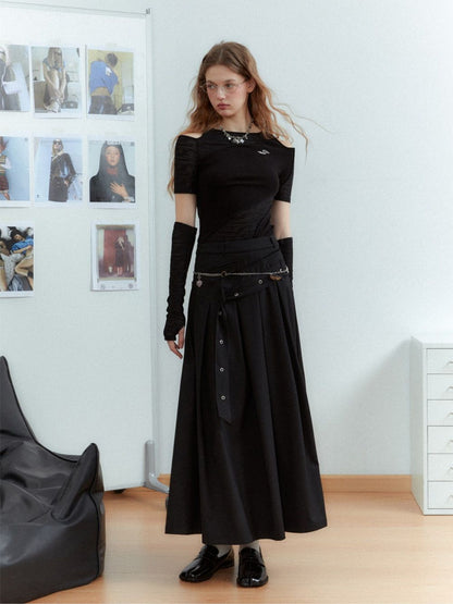 Plain Pleats Simple Flare Long-Skirt