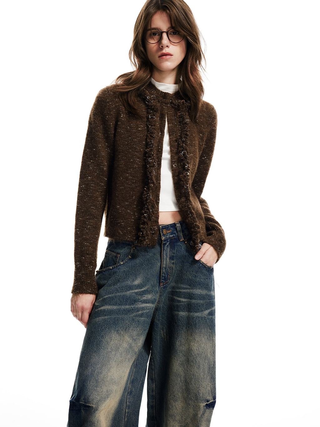 Wool Claasy Crew-Neck Knit Compact Slim Cardigan