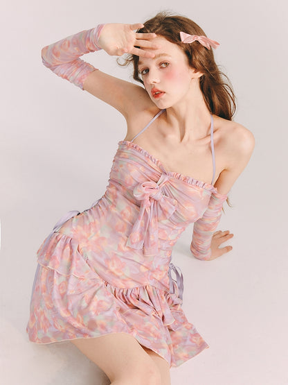 Pastel Back-Open Ribbon Tiered Floral One-Piece