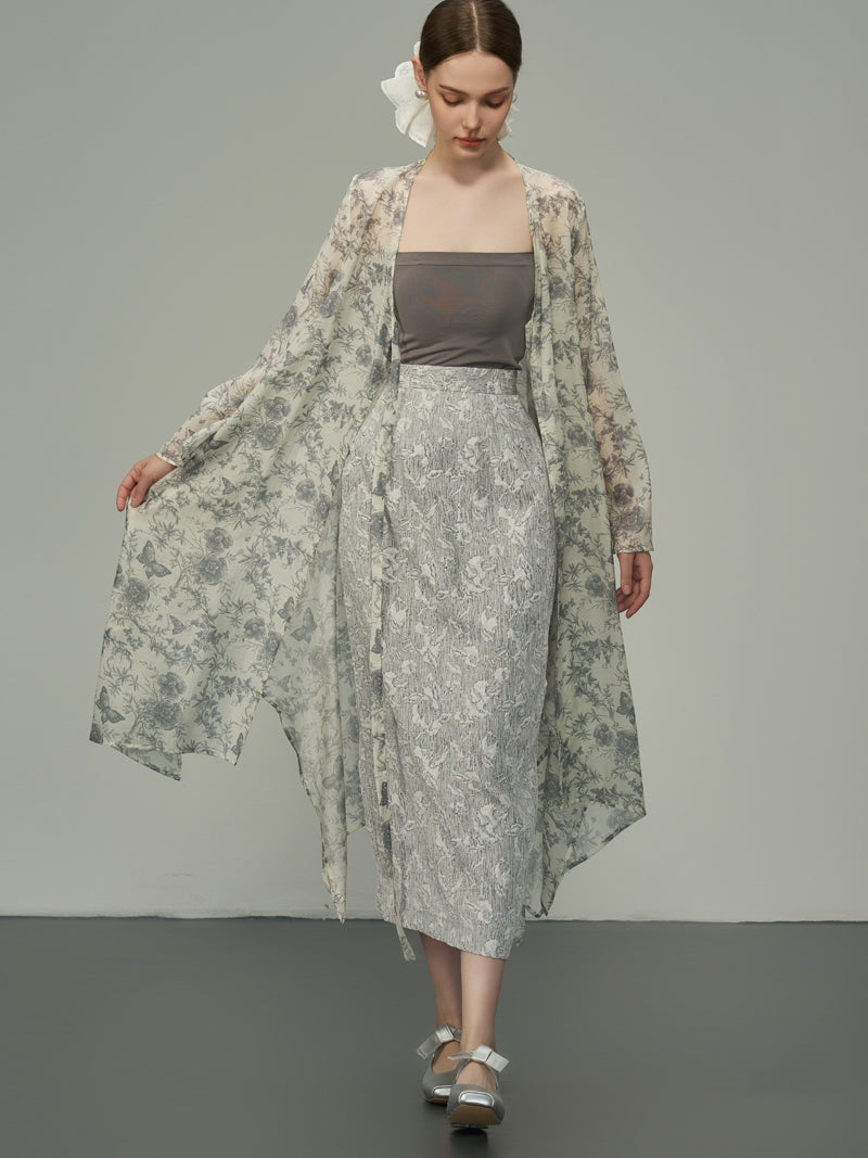 Flower Silhouette Sheer Long Pencil-Skirt