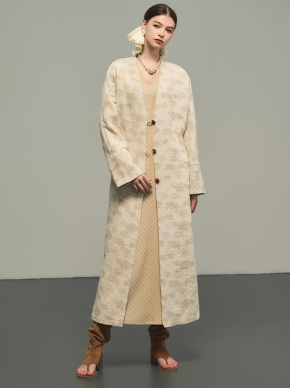 Flower Embroidery Long No-Collar Cotton Long-Coat