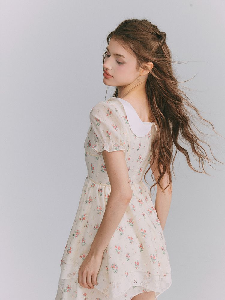 Flower Puff-Sleeve asymemtry Retro One-Piece