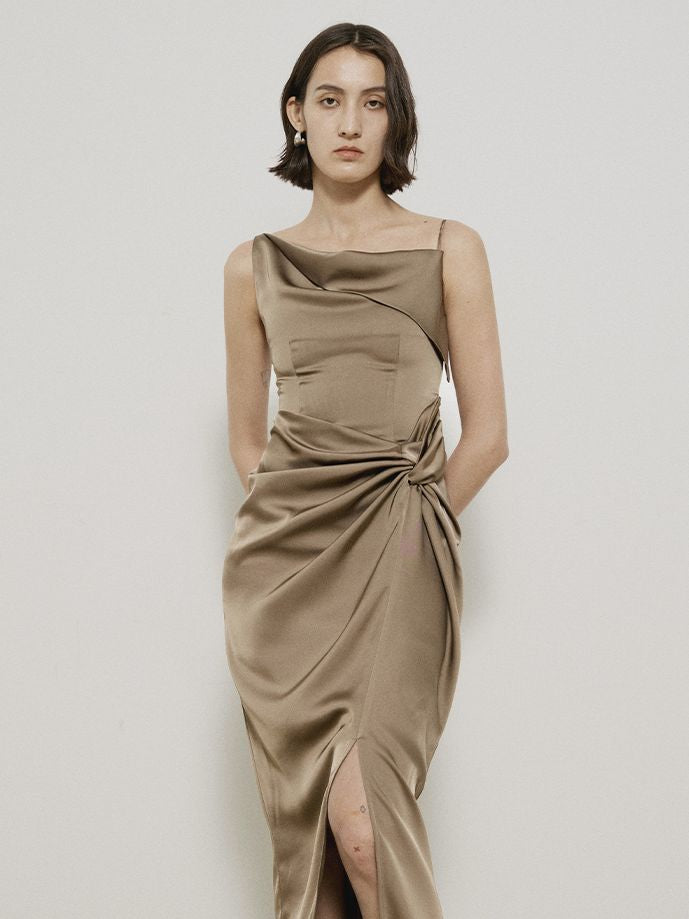 Frape Elegant Long Classy Asymmetry Satin One-piece