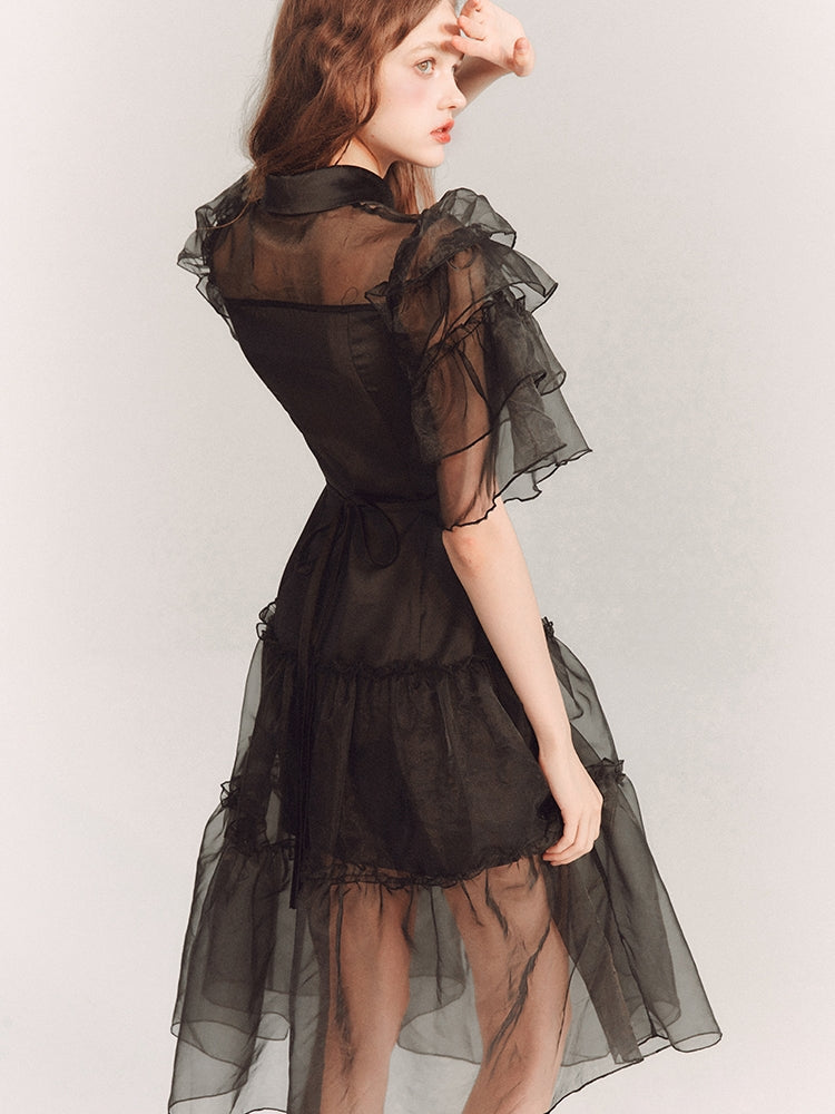 See-Through Tiered Flare-Sleeve Frill Dress One-Piece