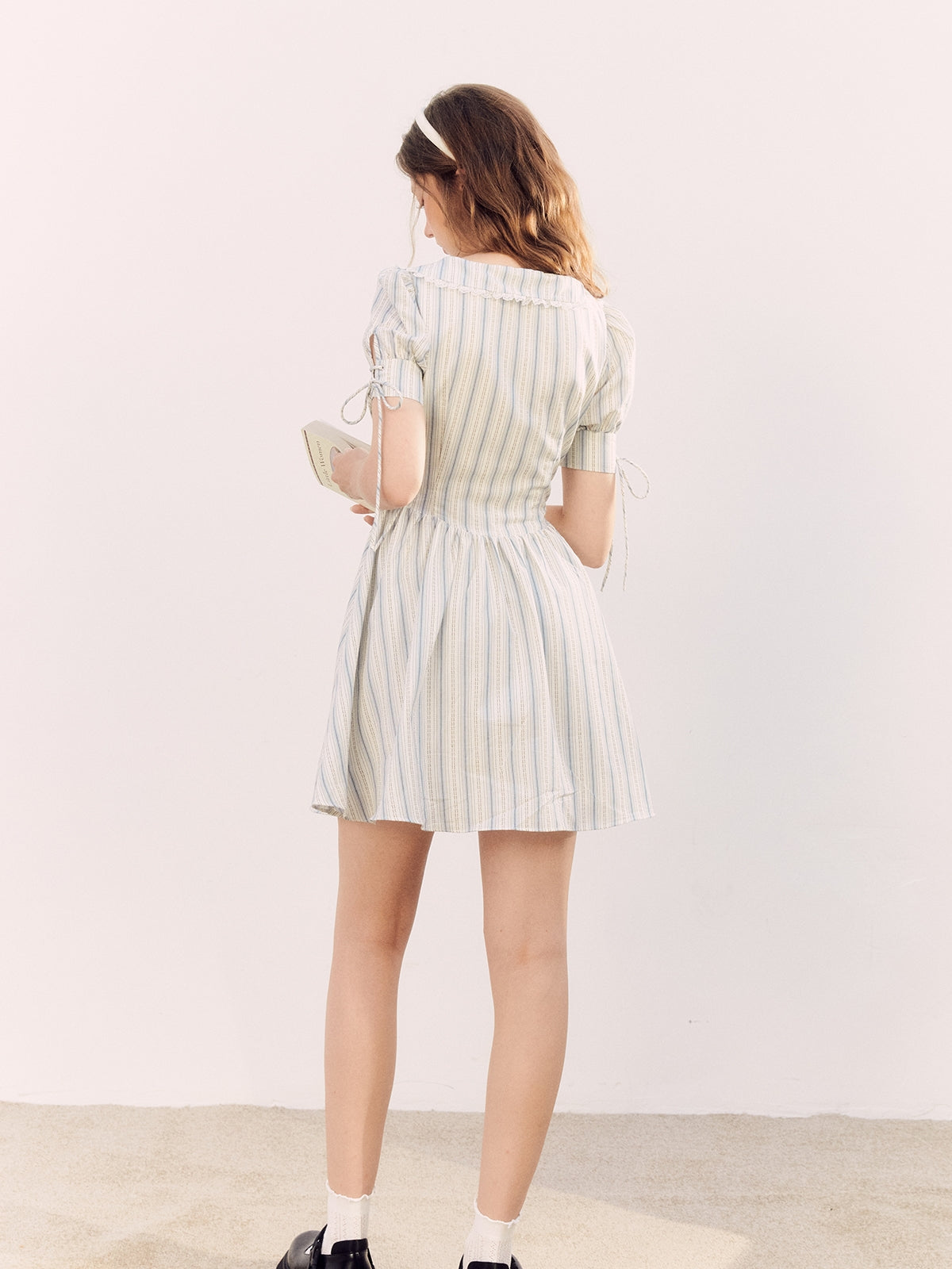 Stripe Puff-Sleeve Frill Flare One-Piece