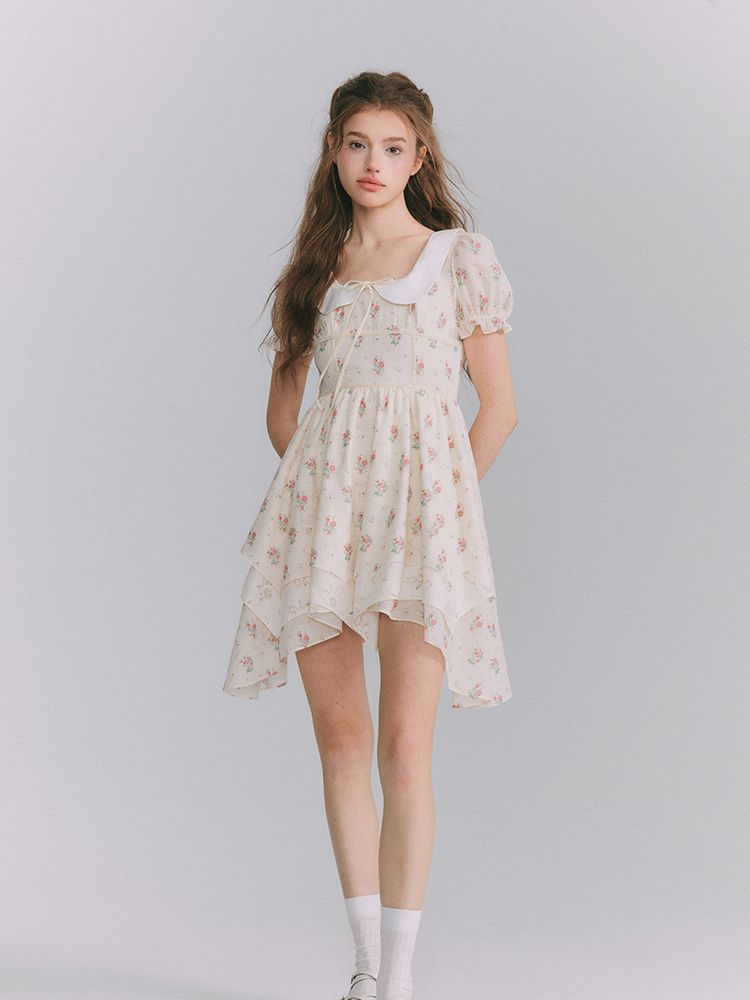 Flower Puff-Sleeve asymemtry Retro One-Piece