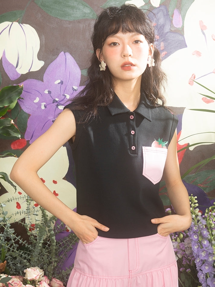 Sleeveless Pocket Strawberry Tops