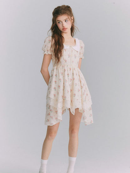 Flower Puff-Sleeve asymemtry Retro One-Piece