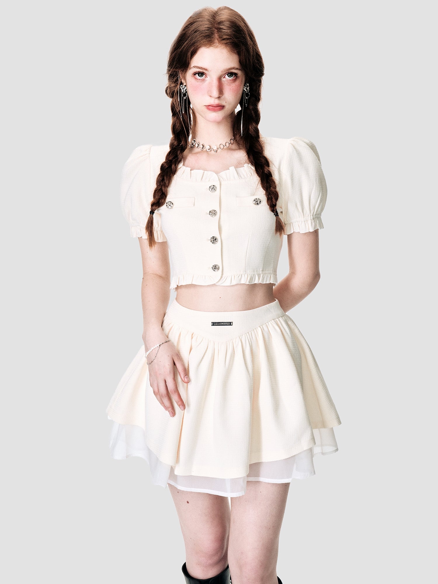 Puff-Sleeve Tiered Frill Lace Ciffon Blouse&amp;Mini-Skirt