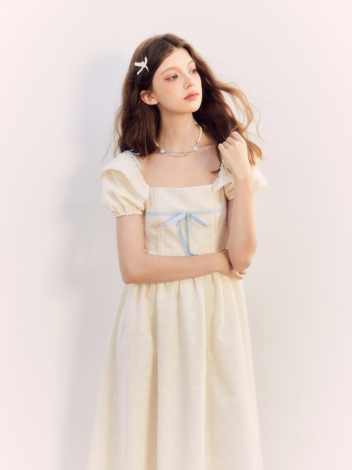 Princess Puff-Sleeve Long Flower Ribbon One-Piece