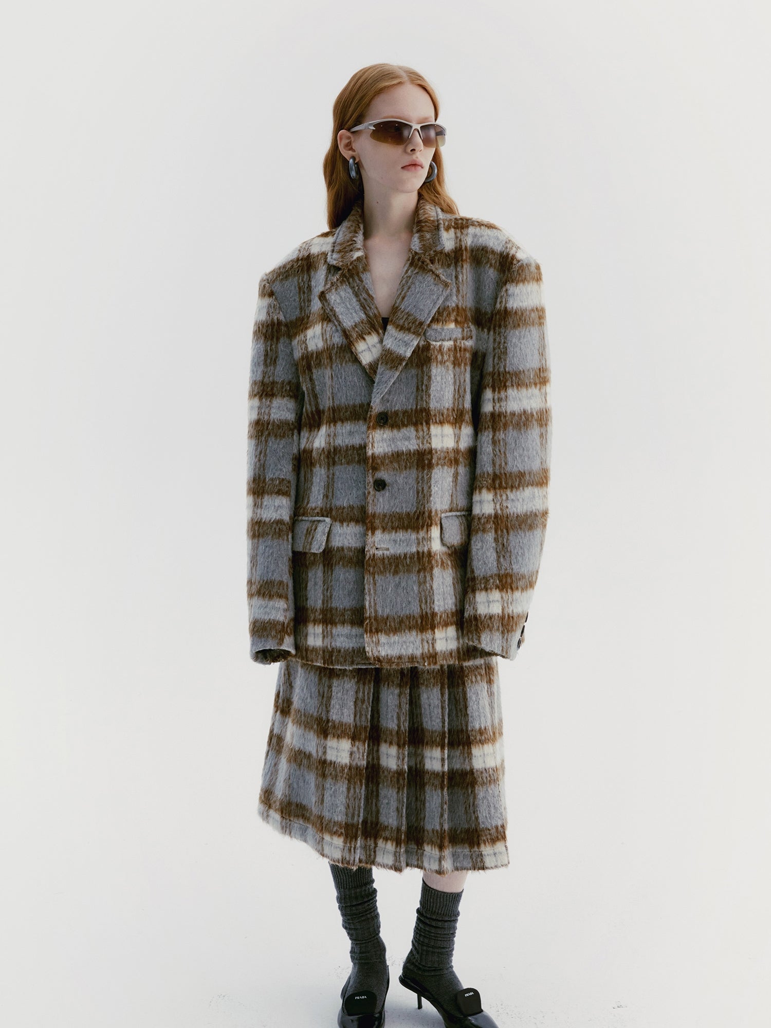 Unisex Checked Wool Retro Oversize Coat＆Long-Skirt