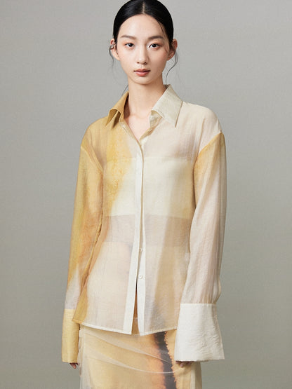 Aquarell-Back-Open-Krawatten-Dye Sheer Oversize Shirt