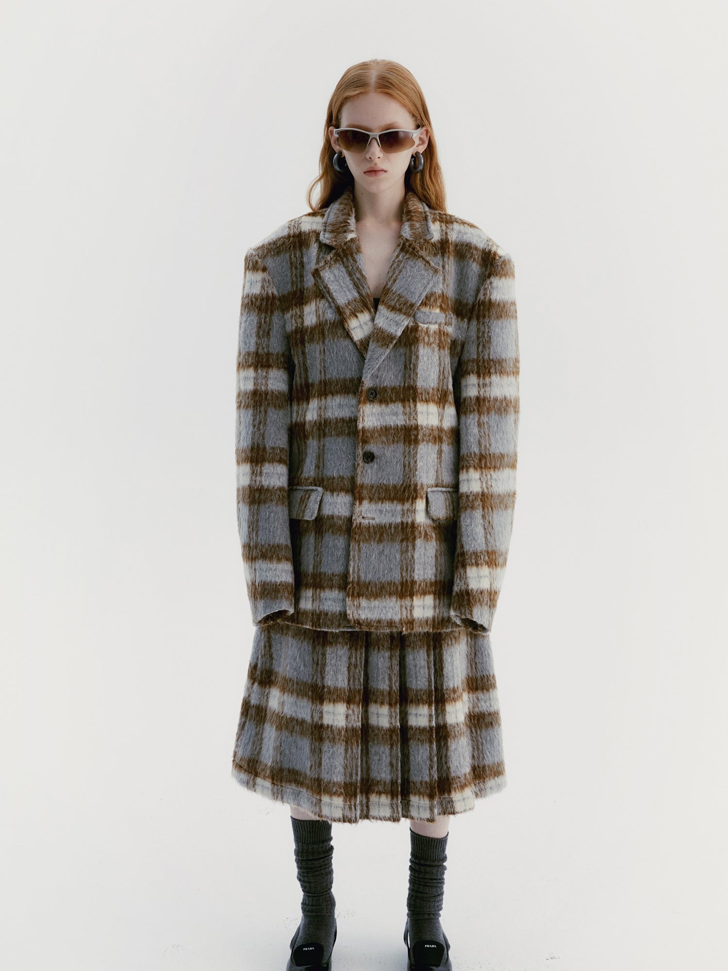 Unisex Checked Wool Retro Chrize Coat &amp; Long-Skirt