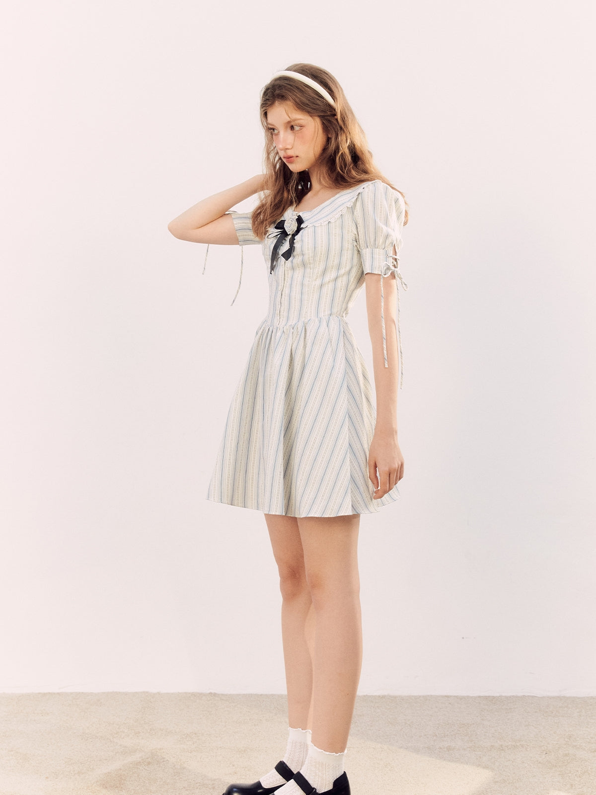 Stripe Puff-Sleeve Frill Flare One-Piece