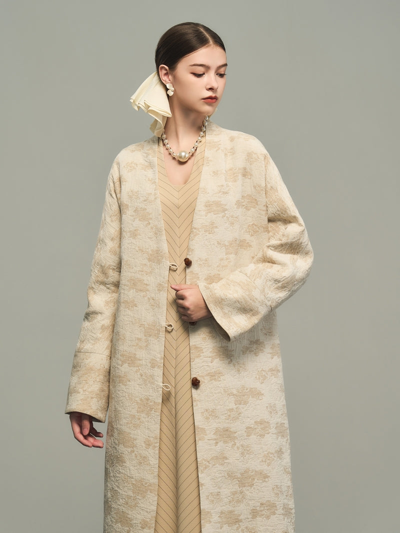 Flower Embroidery Long No-Collar Cotton Long-Coat