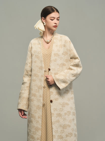 Flower Embroidery Long No-Collar Cotton Long-Coat