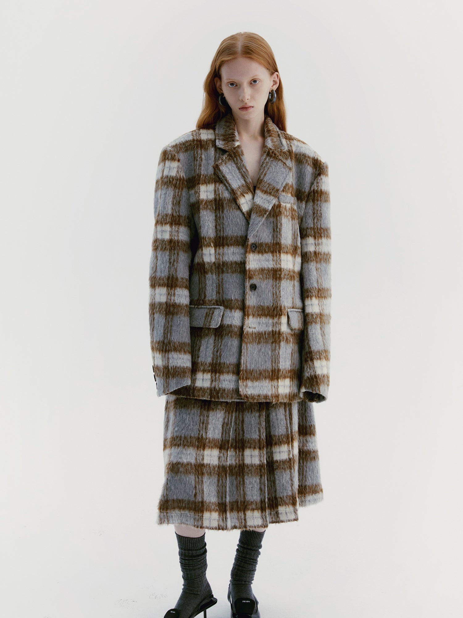 Unisex Checked Wool Retro Chrize Coat &amp; Long-Skirt