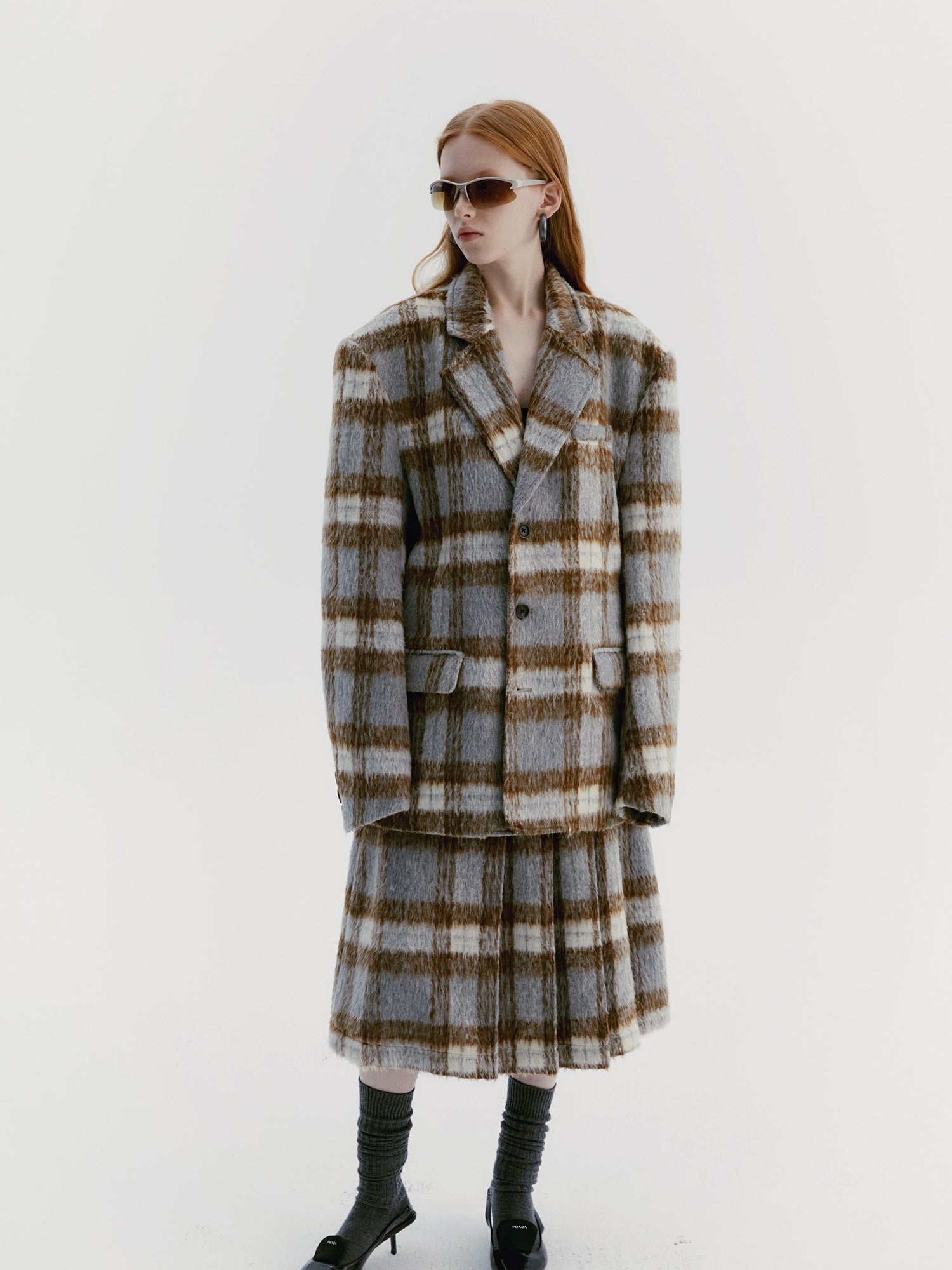 Unisex Checked Wool Retro Chrize Coat &amp; Long-Skirt