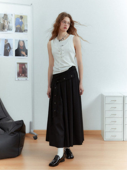 Plain Pleats Simple Flare Long-Skirt