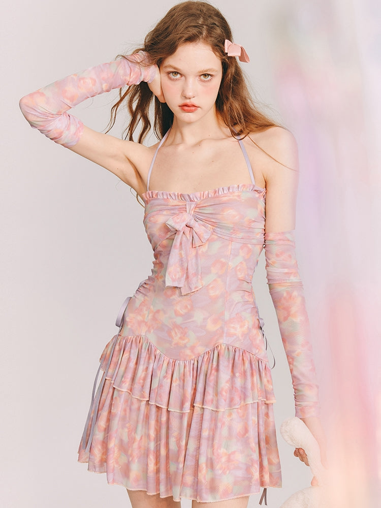 Pastel Back-Open Ribbon Tiered Floral One-Piece